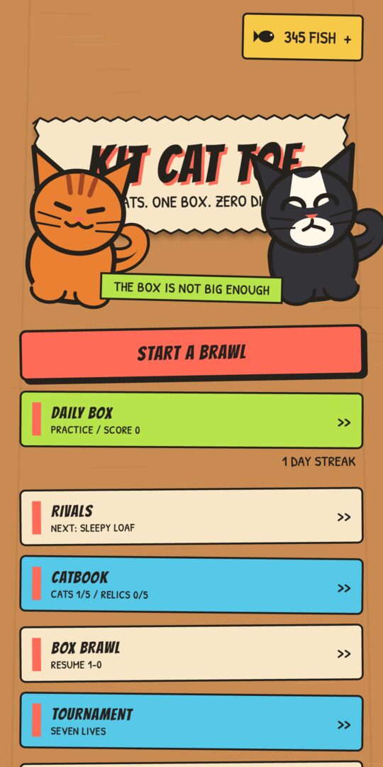 Kit Cat Toe main menu with the fish wallet and game modes