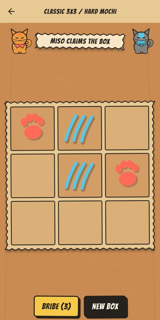 A 4x4 Kit Cat Toe match in progress with taped cells