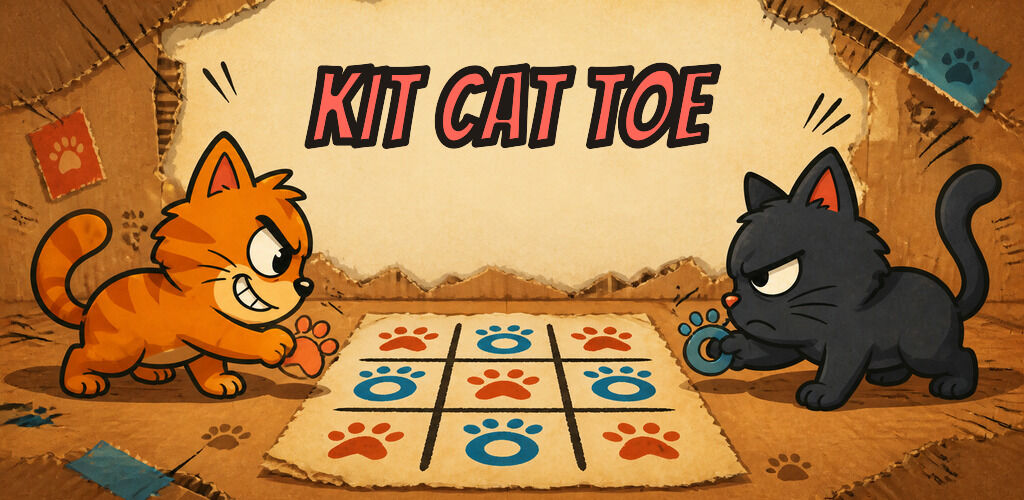 Two rival cats facing a paw-print Kit Cat Toe board